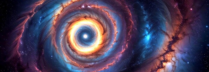 Leinwandbilder - a spiral galaxy with a bright central core surrounded by swirling arms of varying colors, including blue, orange, and pink, against a backdrop of stars and cosmic radiation