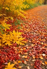 Fototapete - A vibrant autumn scene unfolds on a path, with fallen leaves in shades of yellow, orange, and red carpeting the ground The path is flanked by bushes and trees, their