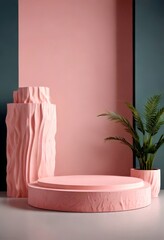 Leinwandbilder - A minimalist stage set with a pink backdrop, a cylindrical vase, and a potted plant, creating a serene and elegant atmosphere