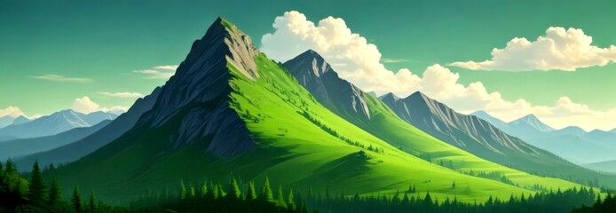 Poster - A serene mountain landscape with a prominent green peak, surrounded by a lush green valley, a forested area, and a clear blue sky with fluffy white clouds