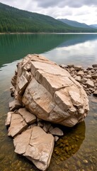 Aufkleber - A large, jagged rock partially submerged in a calm lake, with a forested mountain range in the background under a cloudy sky