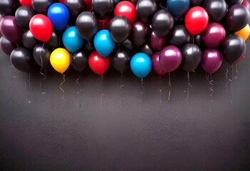 Poster - A collection of colorful balloons, including red, blue, yellow, and purple, are suspended against a dark background