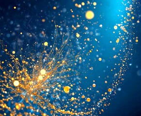 Poster - a digital art piece featuring a dark blue background with a multitude of small, glowing gold and white dots scattered throughout, creating a sense of movement and energy