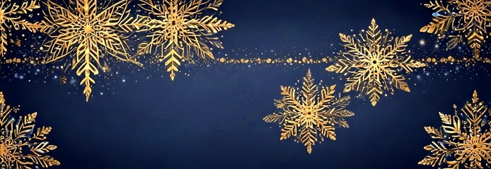 Poster - A festive scene with gold snowflakes against a dark blue background, creating a sense of depth and movement
