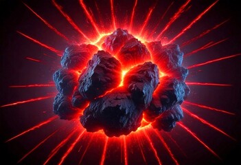 Aufkleber - A digital illustration large explosion with a bright orange and red burst of light and a dark gray rock formation in the center