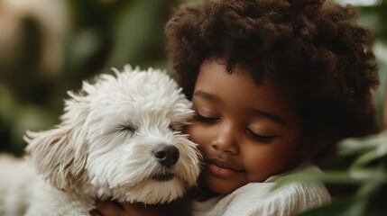 A tender close-up image showing a child hugging a white dog in a green setting, capturing a heartfelt moment of joy, bond, and unconditional love between the child and pet.