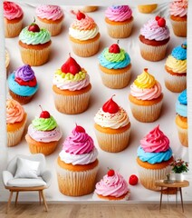 Poster - A tapestry of colorful cupcakes with various frosting and toppings, arranged in a grid-like pattern against a white background