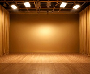 Poster - An empty stage with a wooden floor and a beige curtain, illuminated by three spotlights