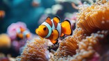 A serene underwater scene featuring a school of colorful clownfish swimming among vibrant sea anemones