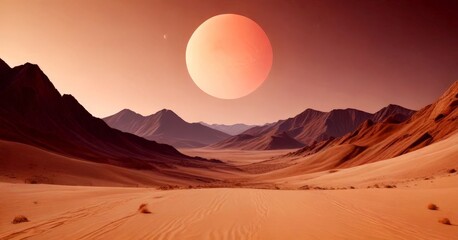 Aufkleber - A surreal desert landscape with a large, glowing orange planet dominating the sky, surrounded by mountains and a vast expanse of sand