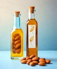 Poster - Two glass bottles of oil, one containing almonds and the other with leaves, are placed on a blue surface with scattered almonds