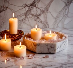 Fototapete - Four white candles with flickering flames are arranged in a circular formation on a marble surface, accompanied by a small golden candlestick holder and scattered crystals