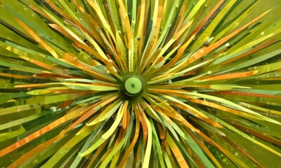 Aufkleber - a close-up view vibrant, abstract floral pattern composed of numerous thin, overlapping green and yellow lines radiating outwards from a central green circle