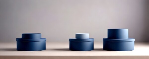 Poster - Three identical gray cylindrical containers with rounded tops are arranged in a row on a light-colored surface against a neutral gray background