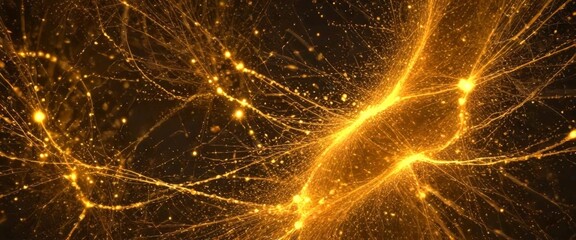 Fototapete - a complex network of golden lines and dots, resembling a web or a network of interconnected nodes, against a dark background The lines and dots are