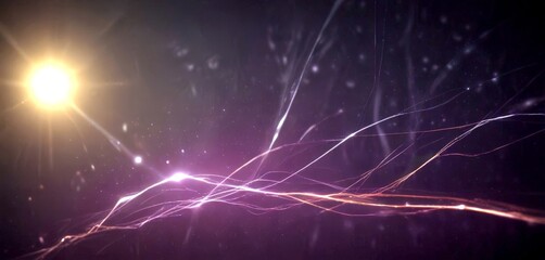 Poster - a dynamic scene of light and energy, with a bright sun casting a radiant glow on the left side, and a dark background filled with swirling lines and particles, creating a sense