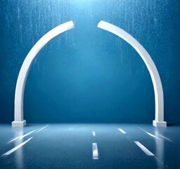 Aufkleber - a minimalist architectural scene with two white arches standing on either side gray road, creating a sense of symmetry and balance