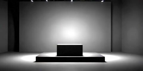 Poster - A minimalist black and white stage with a pedestal and a blank backdrop, illuminated by spotlights