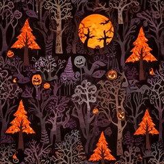 Aufkleber - a repeating pattern featuring a dark forest with silhouetted trees, jack-o'-lanterns, and a full moon