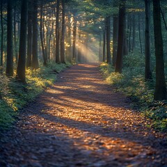 Sticker - Tranquil Tree Lined Path in Peaceful Forest Landscape with Sunlight Filtering Through Branches