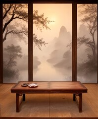 Aufkleber - A serene indoor setting with a wooden table and a plate of food, framed by large windows that offer a tranquil view misty landscape with mountains in the distance