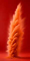 Aufkleber - A large cloud of orange powder is captured in mid-air, creating a dramatic and visually striking effect against a deep red background