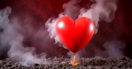 Aufkleber - A red heart-shaped balloon is being extinguished by a flame, surrounded by billowing smoke against a dark background