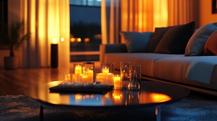 Canvas Print - Contemporary living room design featuring a sofa and illuminated candles on the table