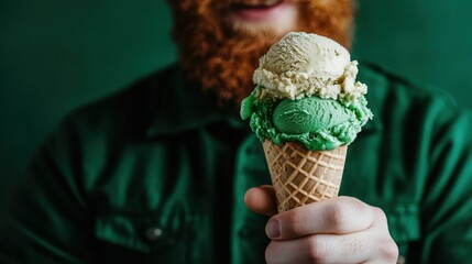 A close-up image featuring a man with a red beard and green shirt, holding an ice cream cone topped with generous scoops of green and white ice cream, in a vibrant setting.