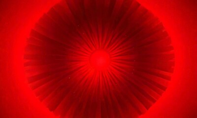 Poster - a circular pattern with radiating lines, creating a striking red and black effect The central focus is a large, bright red circle surrounded by smaller, darker red
