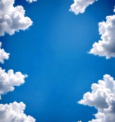 Poster - A clear blue sky with fluffy white clouds framing the top left and bottom right corners