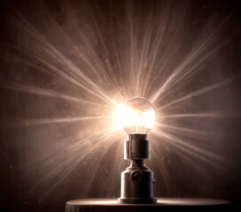 Poster - A vintage-style lamp with a glowing bulb stands on a table, surrounded by a radiant burst of light against a dark background