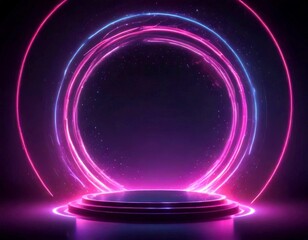 Aufkleber - A futuristic stage with a circular platform and glowing rings of neon lights against a dark background