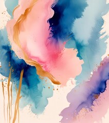 Poster - an abstract painting featuring a vibrant mix of pink, blue, and purple hues, with gold accents and splashes of color throughout
