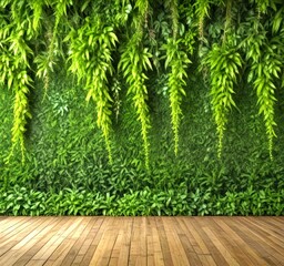 Poster - A lush, verdant wall of greenery, with hanging vines and leaves, serves as a serene backdrop for a wooden floor, creating a tranquil and natural setting
