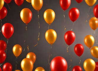 Poster - A collection of red and gold balloons floating against a dark background