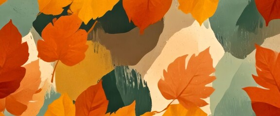 Poster - a vibrant abstract pattern of autumn leaves in various shades of orange, yellow, and green, creating a dynamic and visually appealing composition