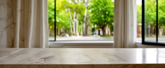 Poster - A marble-topped table sits in the foreground, with a blurred view park visible through a window in the background