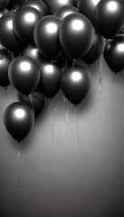 Poster - A cluster of black balloons floats against a dark background, with strings attached to each balloon