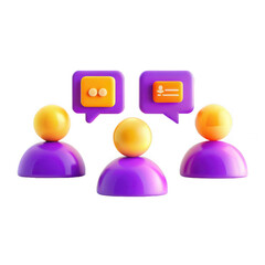 Aufkleber - This image displays three colorful chat avatars in a 3D style, engaged in conversation with speech bubbles in purple and yellow tones.