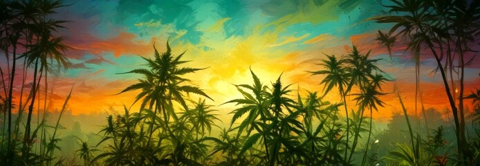 Poster - a tropical landscape with palm trees silhouetted against a vibrant sunset sky The warm hues of the setting sun cast a golden glow over the scene, highlighting the lush