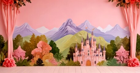 Leinwandbilder - A whimsical pink and purple mural depicting a castle surrounded by a lush forest, with mountains in the background and pink flowers framing the scene