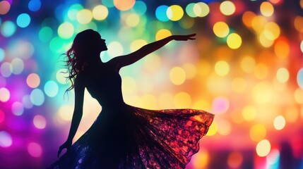 Sticker - silhouette of a woman in a dress with colorful bokeh lights in the background.
