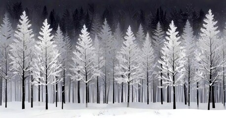 Poster - A serene winter scene snow-covered forest, featuring tall trees with snow-dusted branches against a gray sky