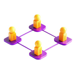 Poster - A 3D render of four yellow human-like figures connected by lines on purple bases, symbolizing interpersonal connections.