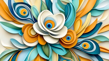 Wall Mural - Colorful abstract paper cut design featuring layered flowers in vibrant shades.