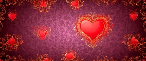 Poster - A repeating pattern of red hearts with gold accents and floral designs on a dark purple background
