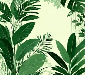 Poster - a lush, tropical scene with a variety of green leaves and foliage, including palm fronds, ferns, and other plants, set against a light green background