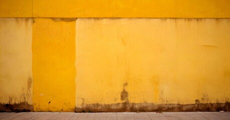 Aufkleber - A yellow wall with a vertical strip of paint, showing signs of wear and tear, with a small patch of dirt visible on the ground in front of it