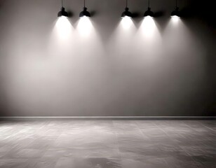 Poster - four black spotlights are evenly spaced on a gray wall, casting a uniform glow across the empty room